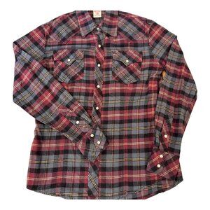 True Religion Burgundy Gray Plaid Flannel Western Pearl Snap Shirt XL Cotton